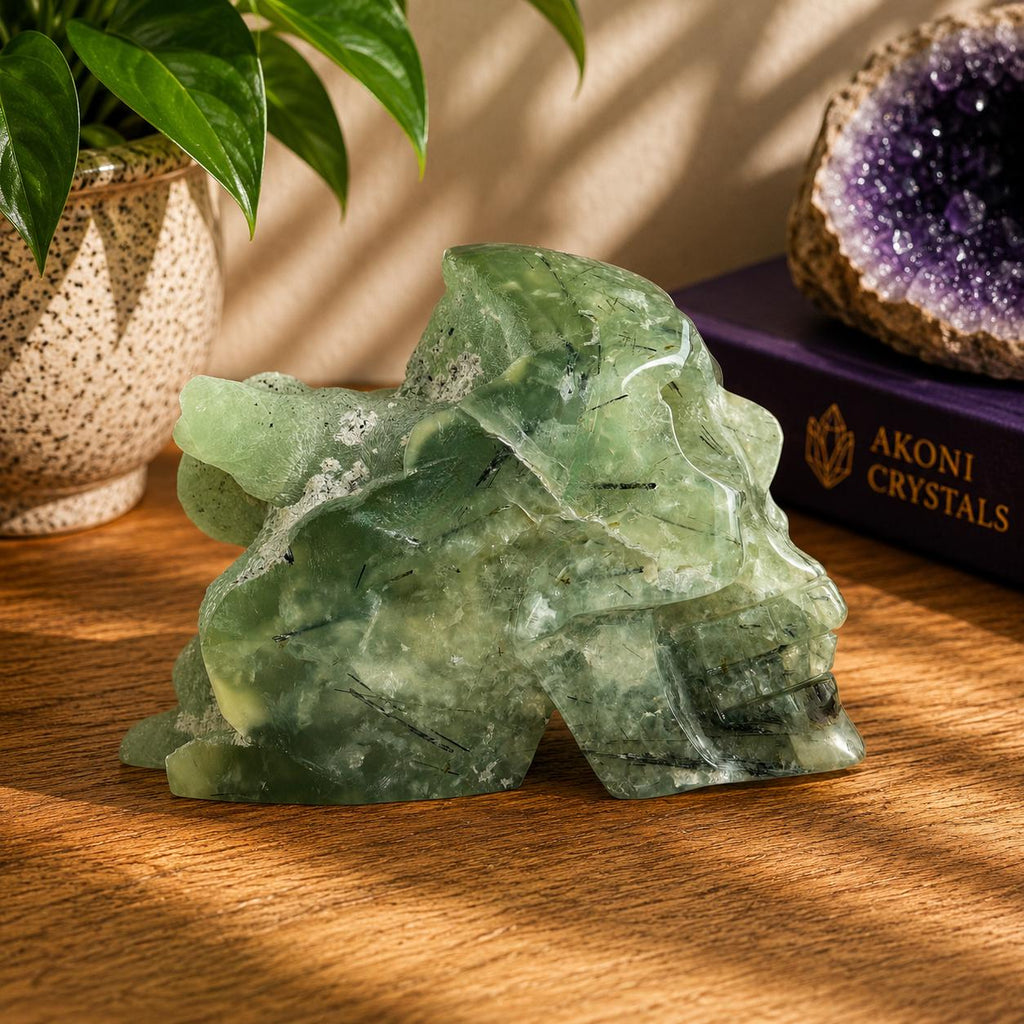 Prehnite Skull with Natural Matrix & Inclusions | Large Crystal Skull