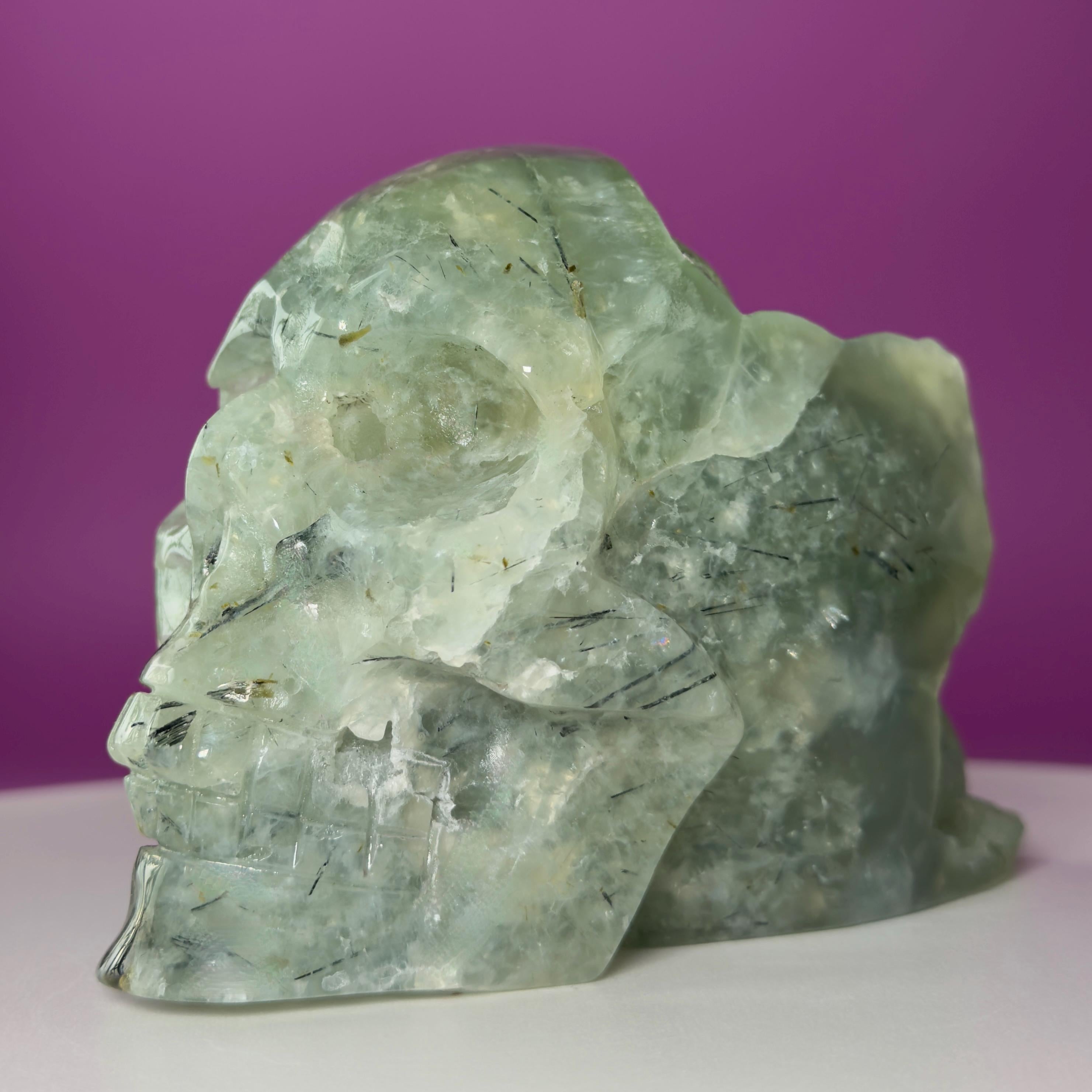 Prehnite Skull with Natural Matrix & Inclusions | Large Crystal Skull