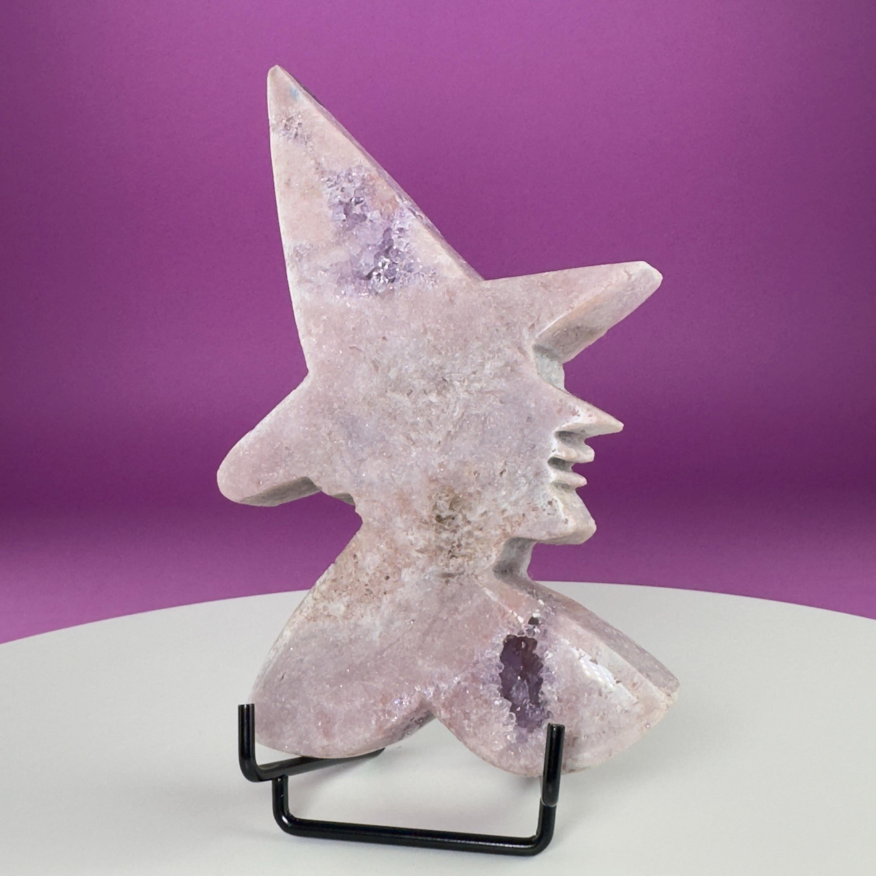 Pink Amethyst Witch Carving with Druzy & Display Stand