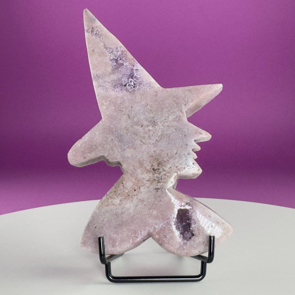 Pink Amethyst Witch Carving with Druzy & Display Stand