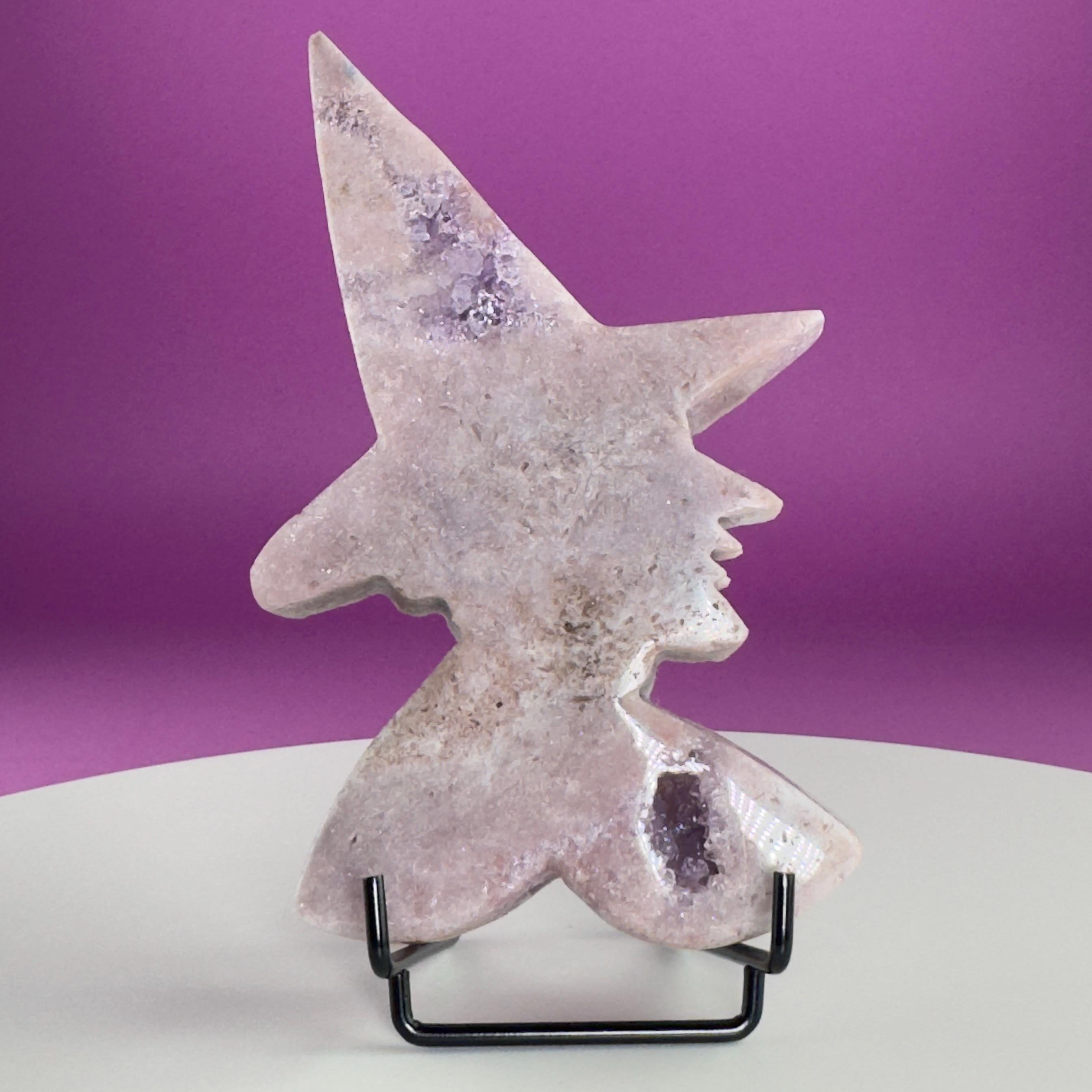 Pink Amethyst Witch Carving with Druzy & Display Stand