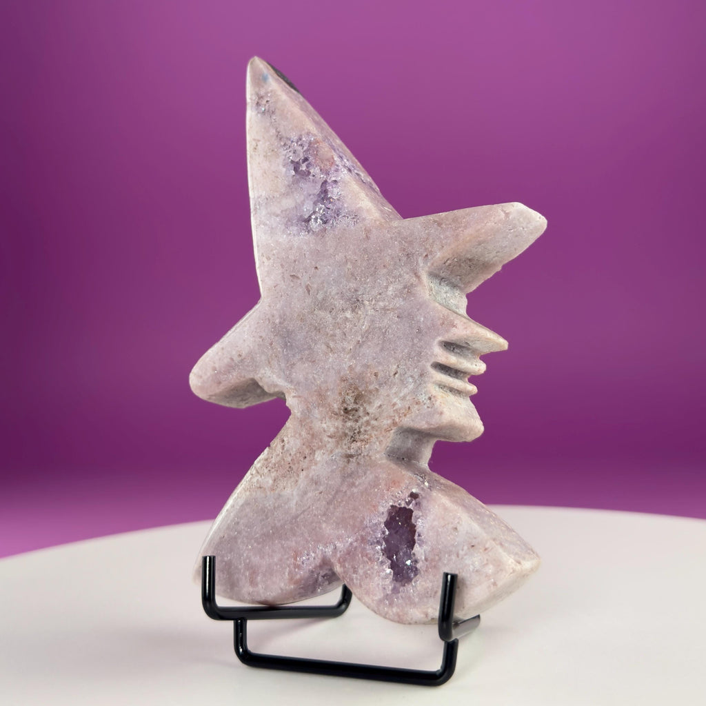 Pink Amethyst Witch Carving with Druzy & Display Stand