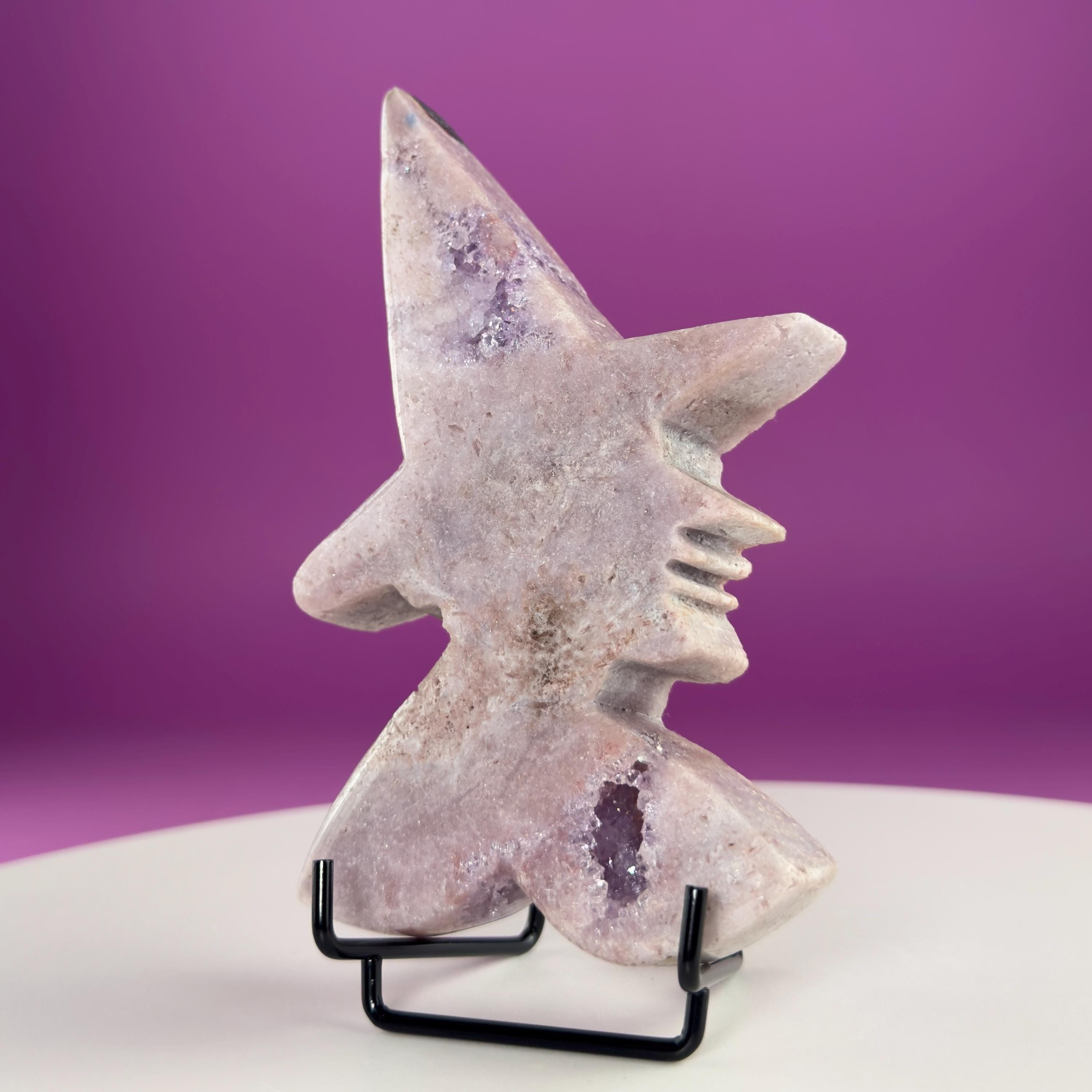 Pink Amethyst Witch Carving with Druzy & Display Stand
