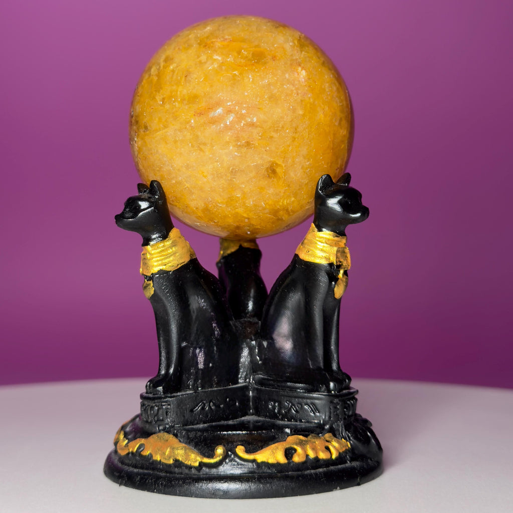 Golden Healer Quartz Sphere with Egyptian Cat Stand | 54mm