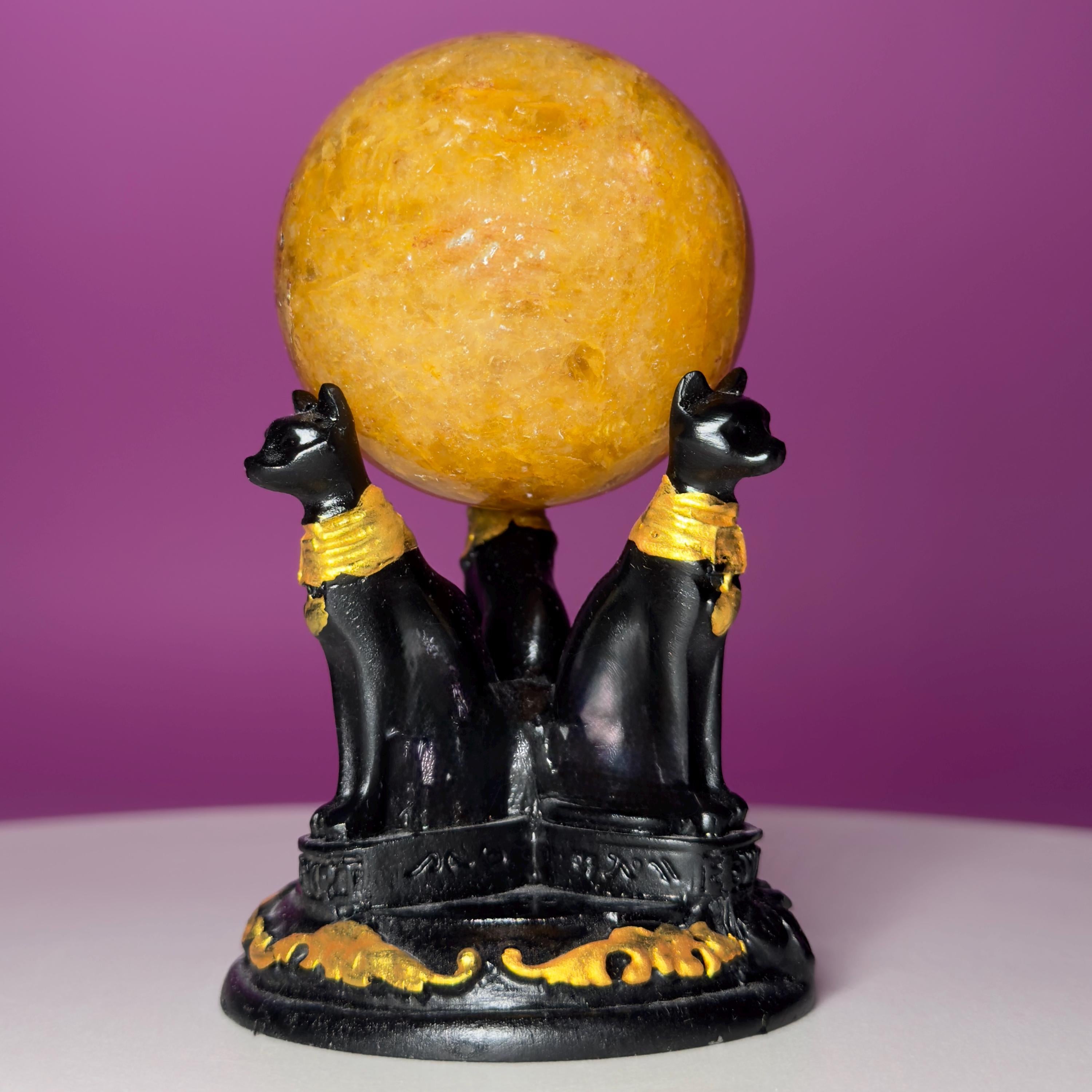 Golden Healer Quartz Sphere with Egyptian Cat Stand | 54mm
