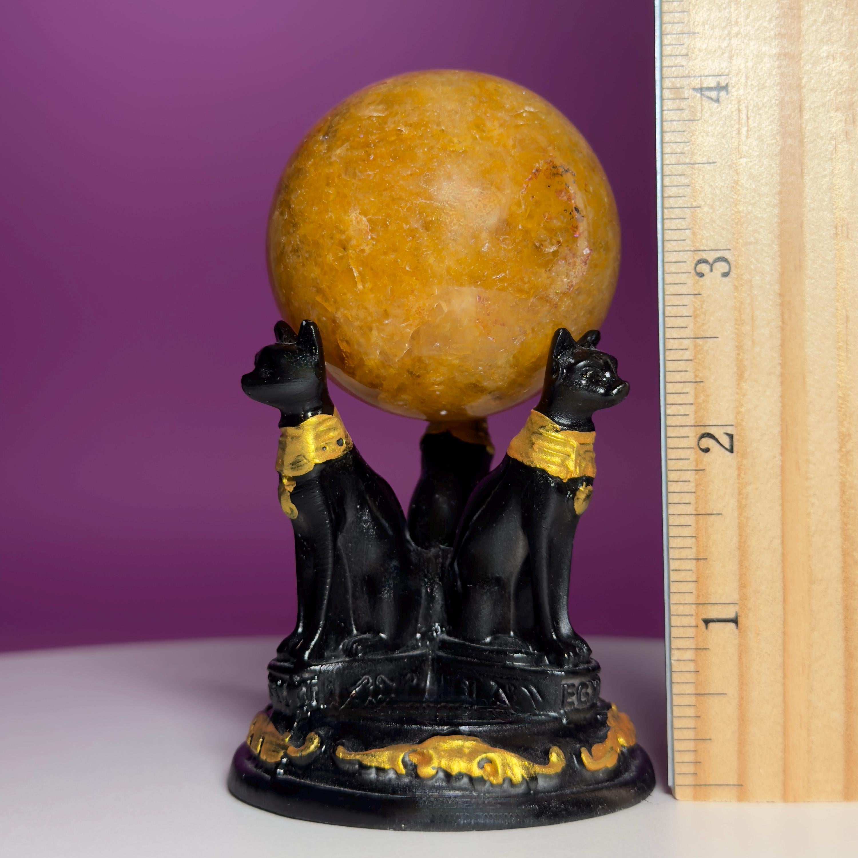 Golden Healer Quartz Sphere with Egyptian Cat Stand | 54mm