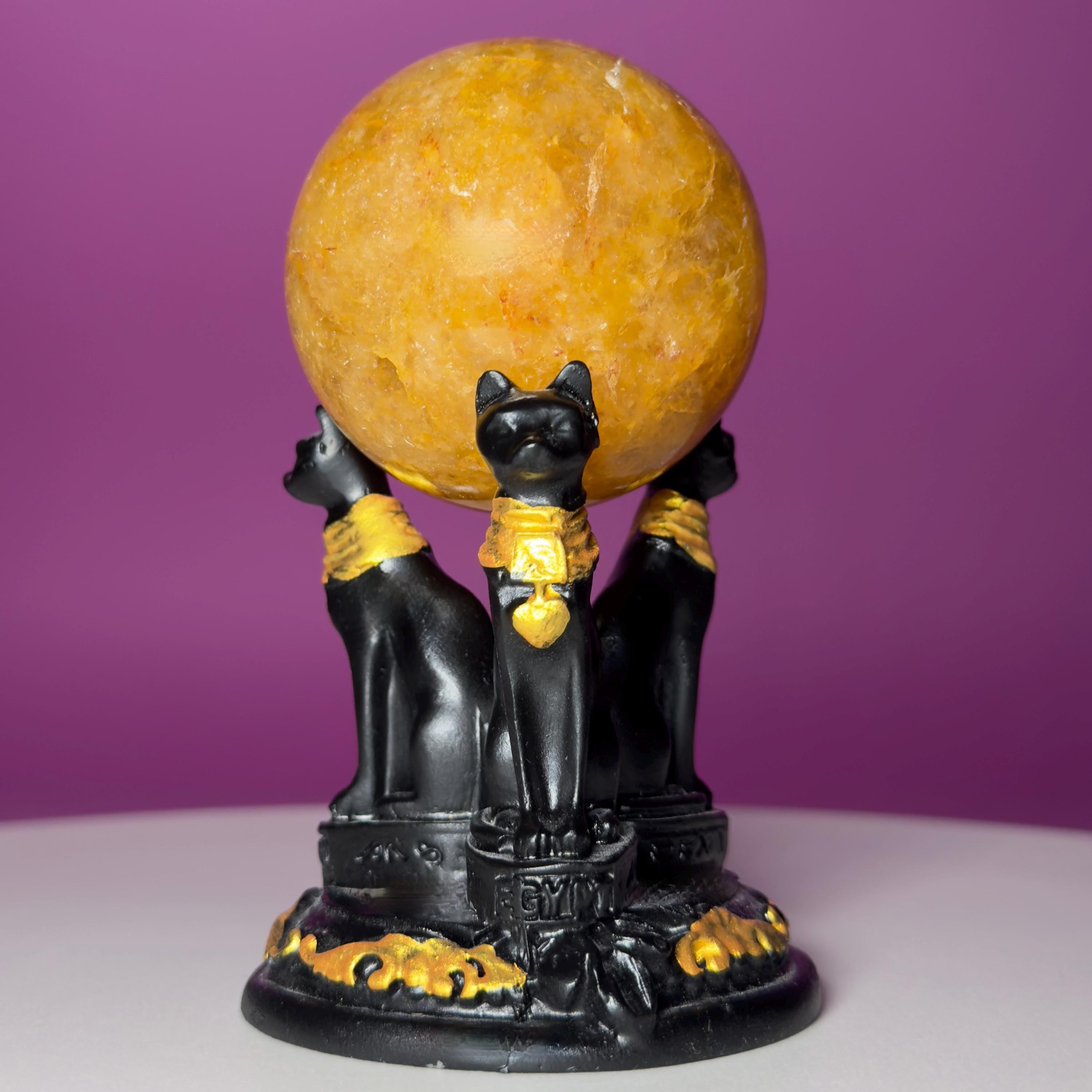 Golden Healer Quartz Sphere with Egyptian Cat Stand | 54mm