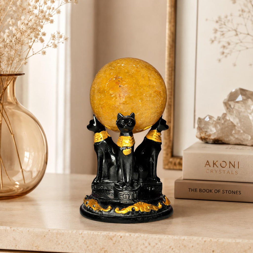 Golden Healer Quartz Sphere with Egyptian Cat Stand | 54mm