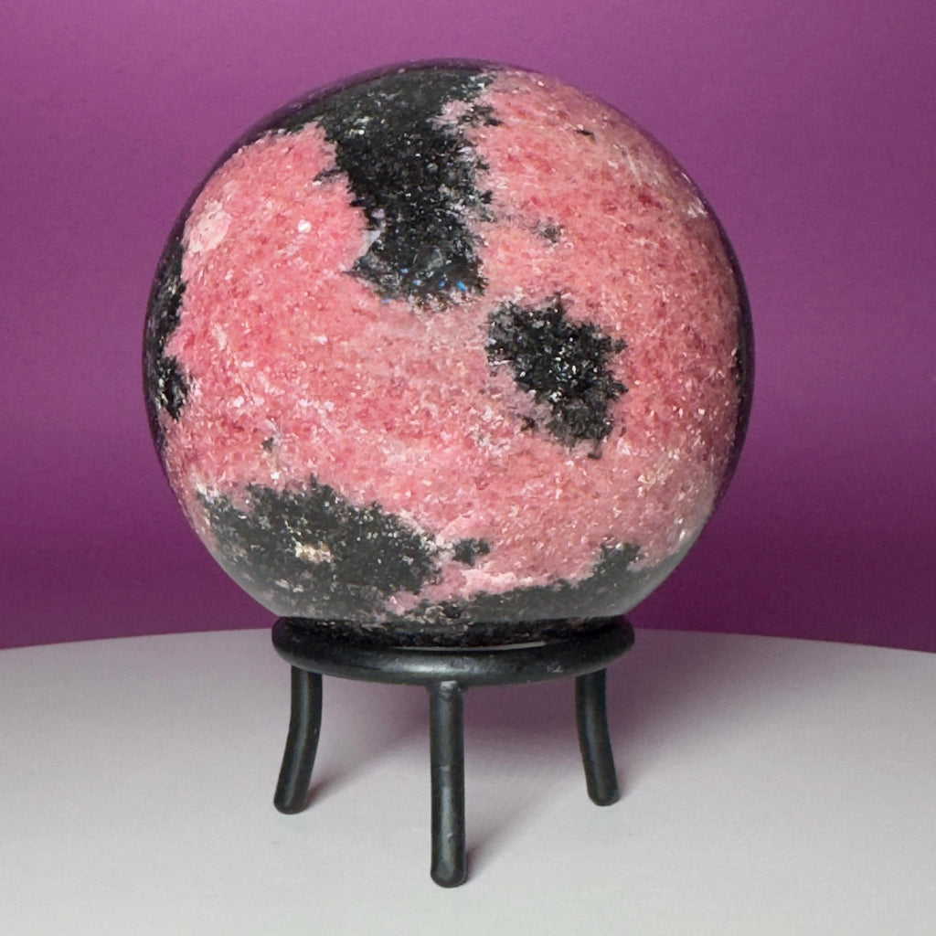 Large Rhodonite Sphere with Wrought Iron Display Stand