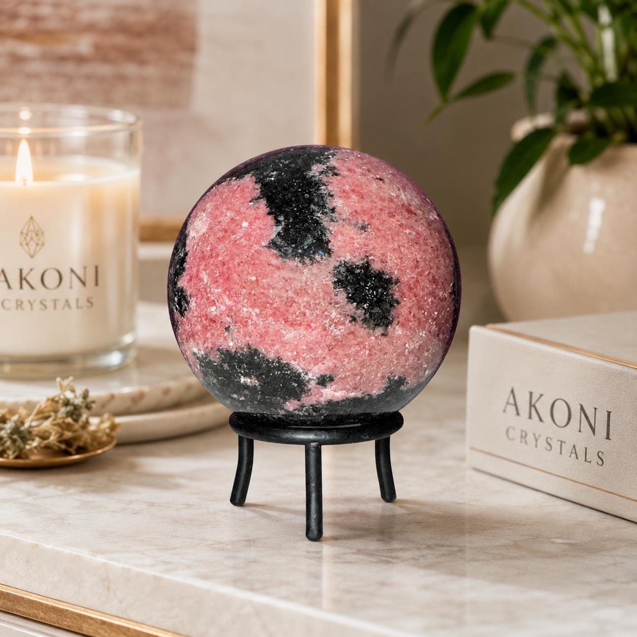 Large Rhodonite Sphere with Wrought Iron Display Stand