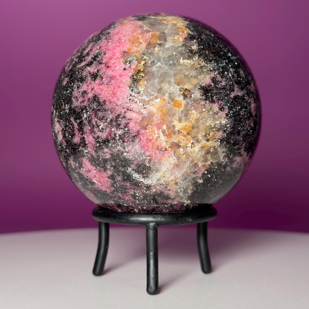 Large Rhodonite Sphere with Wrought Iron Display Stand