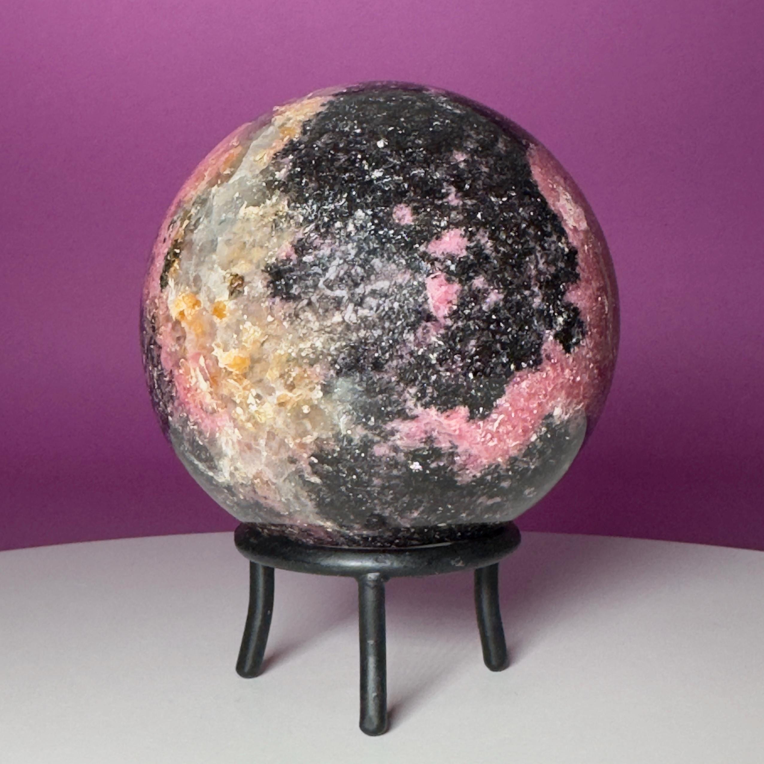 Large Rhodonite Sphere with Wrought Iron Display Stand