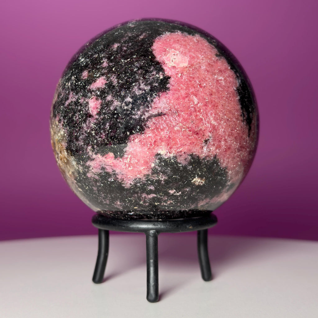 Large Rhodonite Sphere with Wrought Iron Display Stand