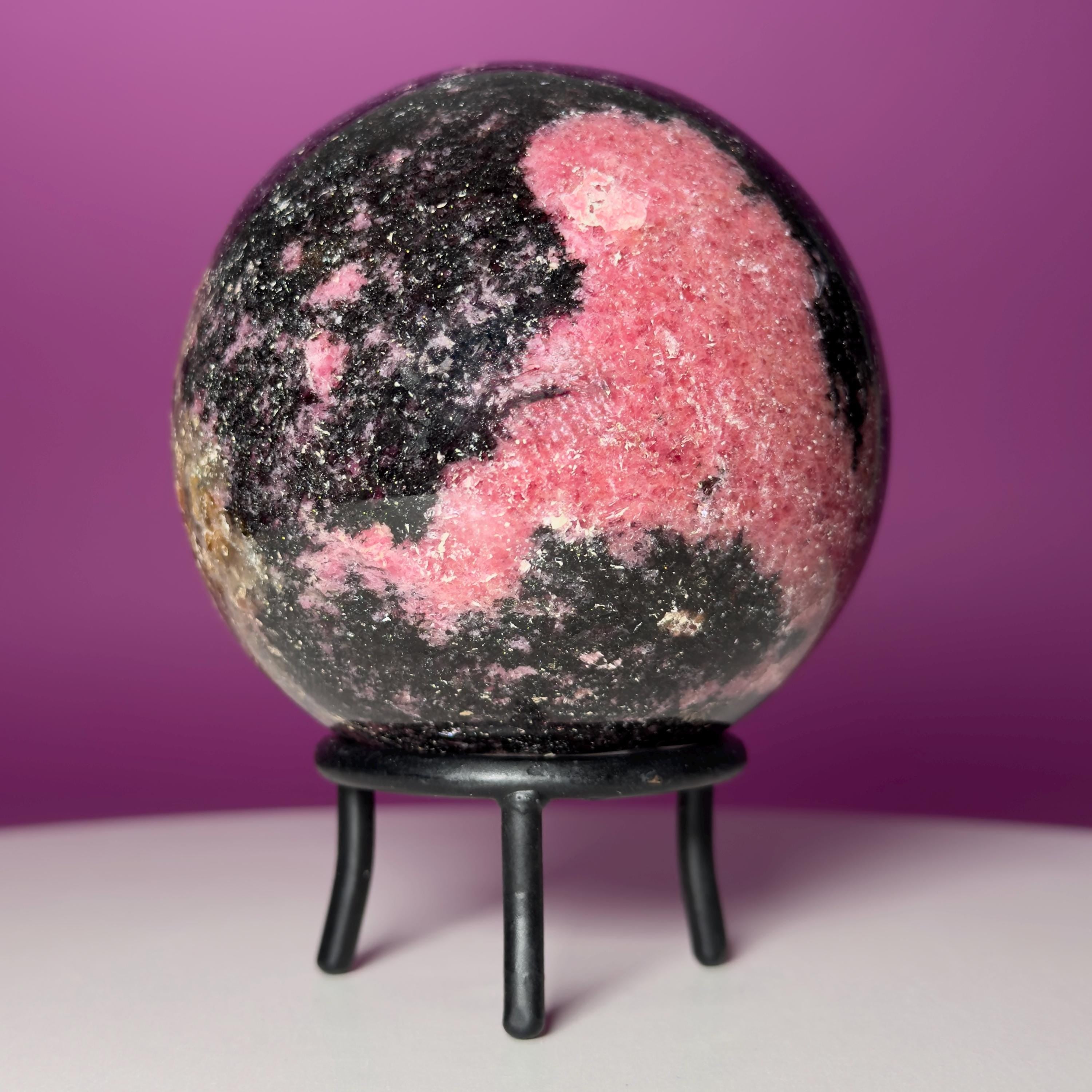 Large Rhodonite Sphere with Wrought Iron Display Stand