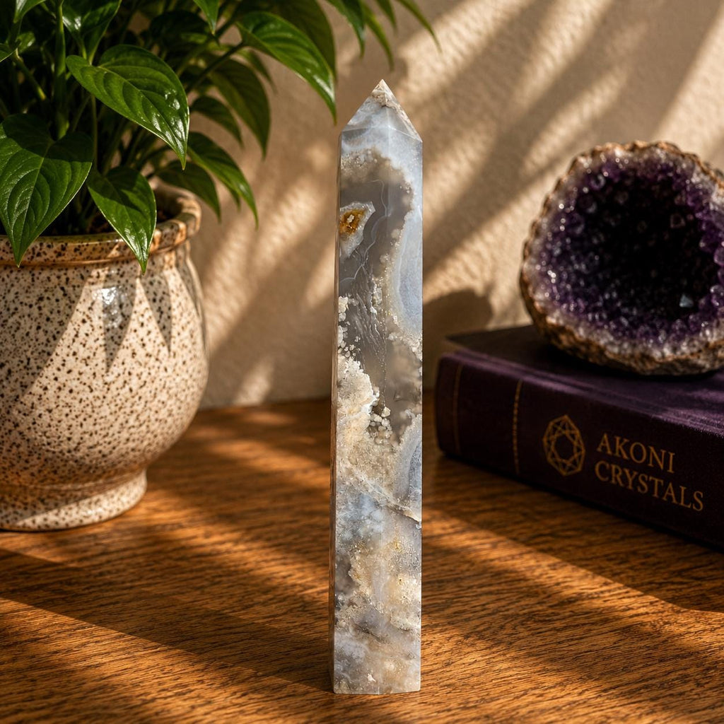 Black Flower Agate Tower | Polished Crystal Point | 219g