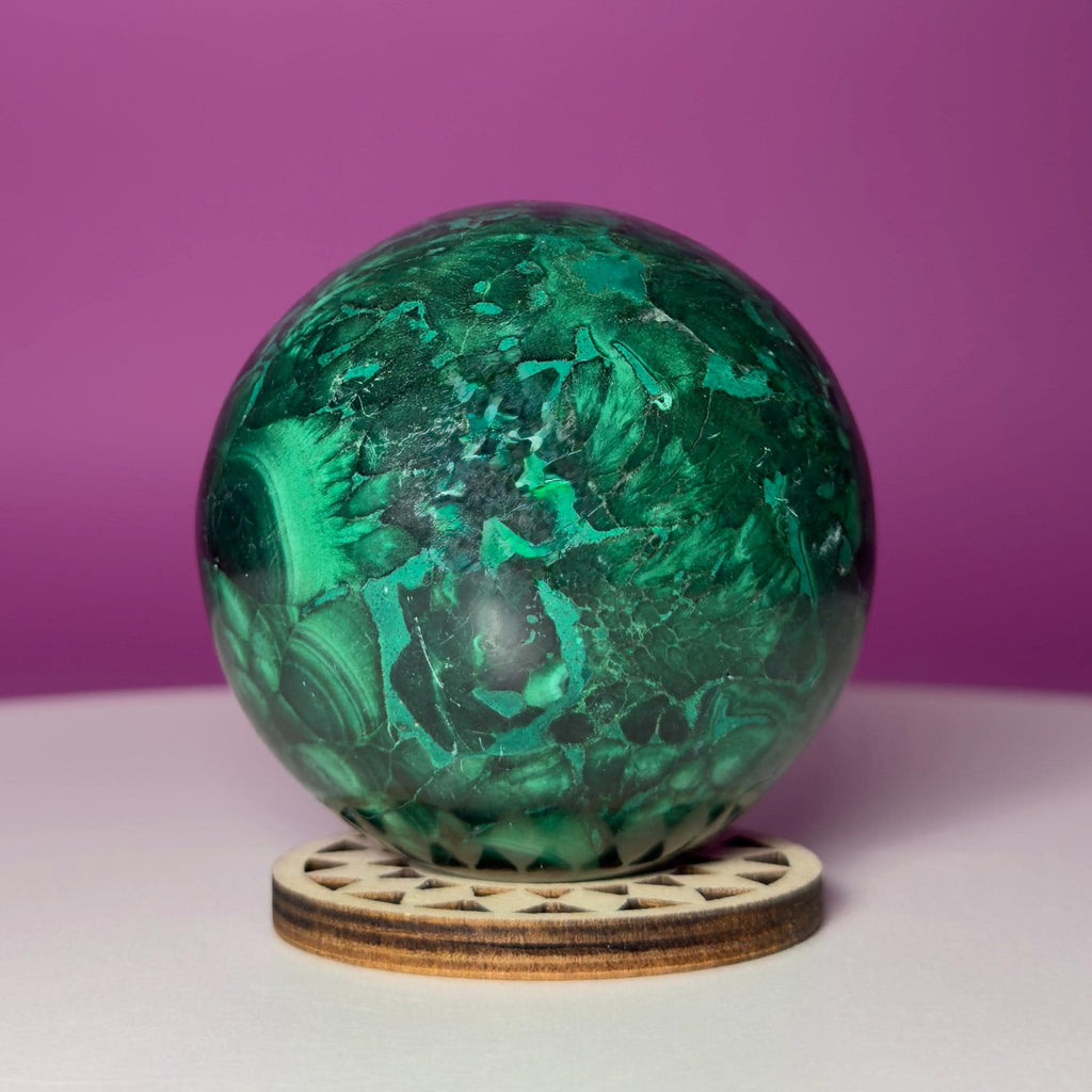 Malachite Sphere with Wood Stand, Natural Green Crystal Sphere 65mm