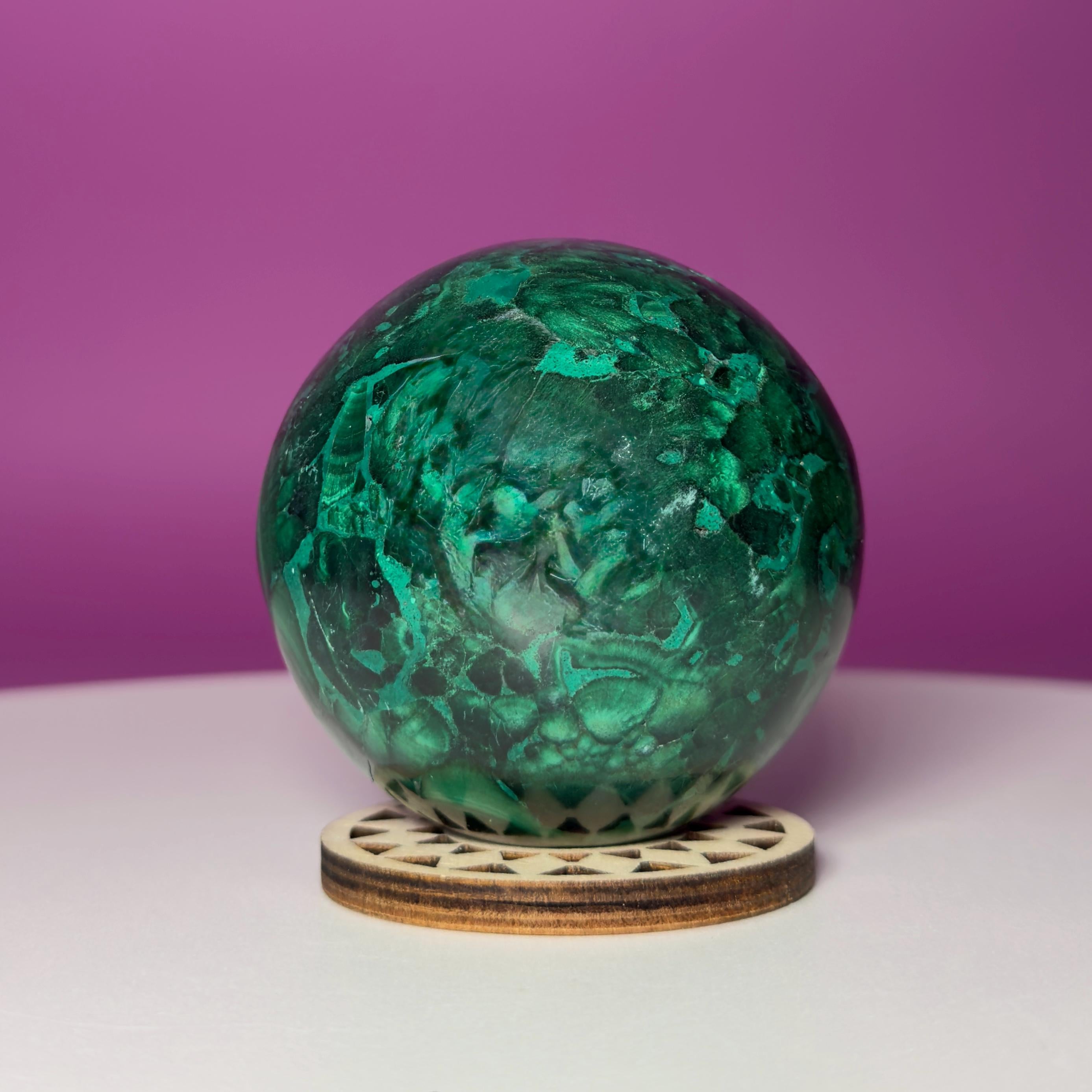 Malachite Sphere with Wood Stand, Natural Green Crystal Sphere 65mm
