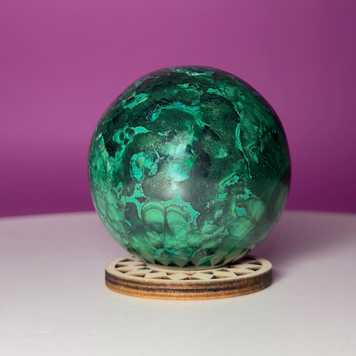 Malachite Sphere with Wood Stand, Natural Green Crystal Sphere 65mm