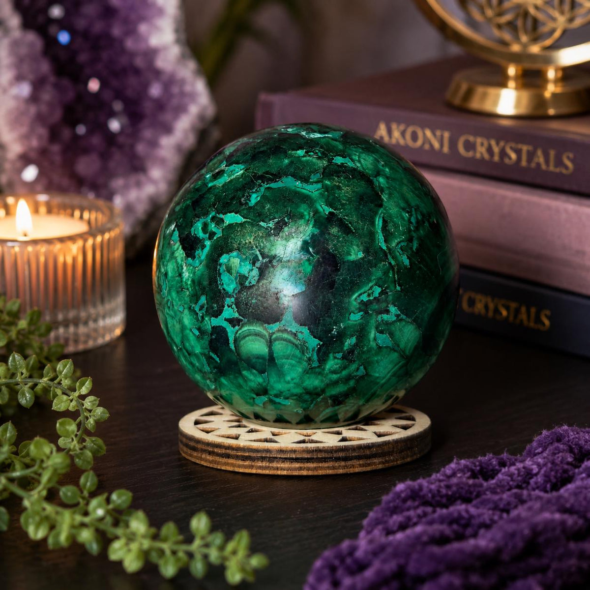 Malachite Sphere with Wood Stand, Natural Green Crystal Sphere 65mm