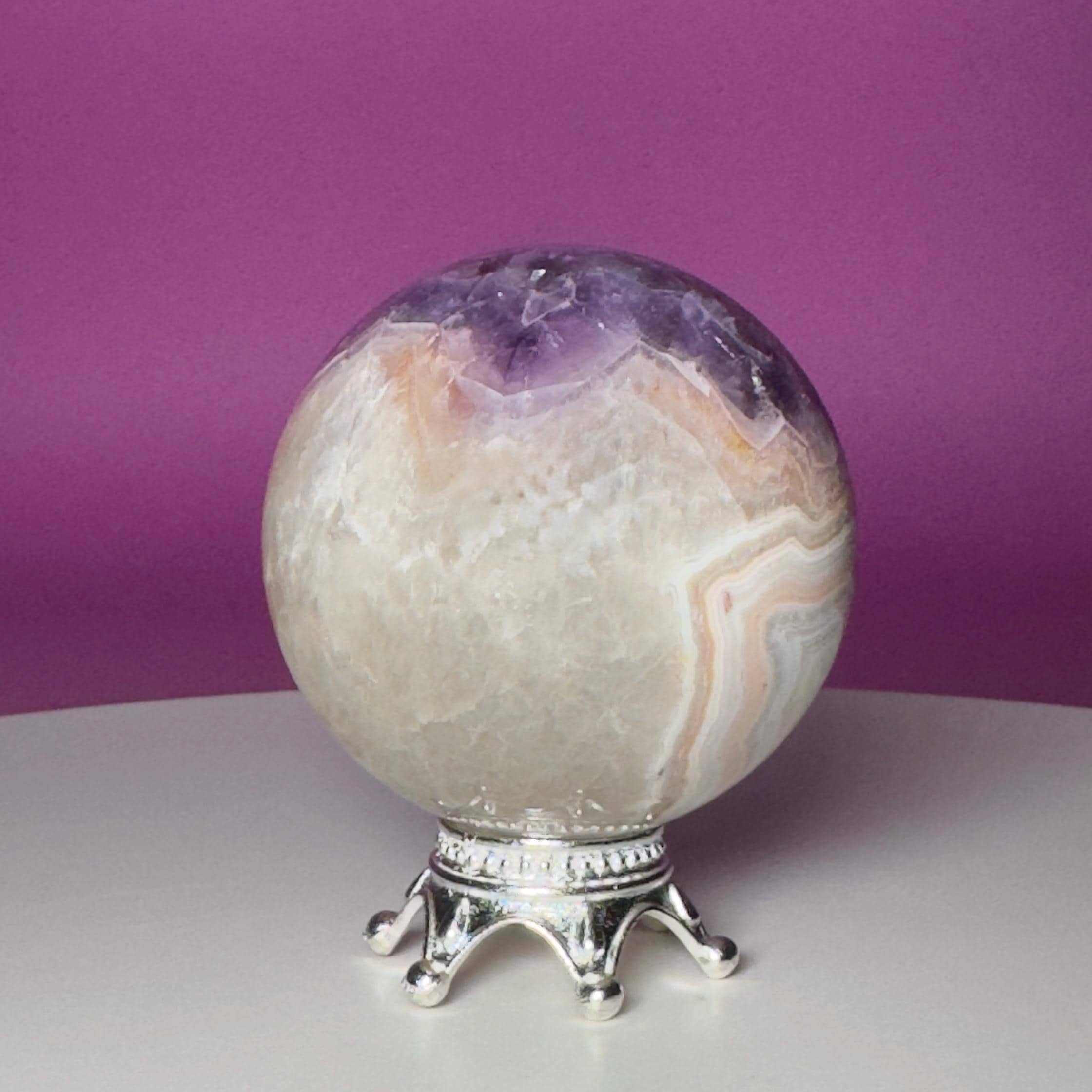 Amethyst Agate Sphere with Silver Stand | Purple Banded Crystal