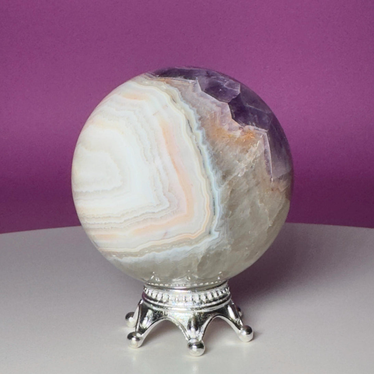 Amethyst Agate Sphere with Silver Stand | Purple Banded Crystal
