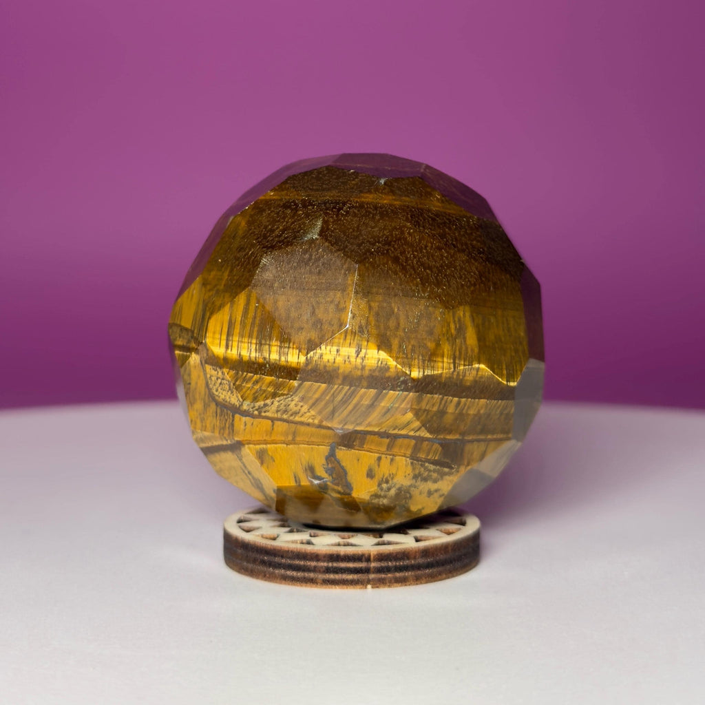 Faceted Tiger Eye Sphere with Wood Stand | 50mm Crystal
