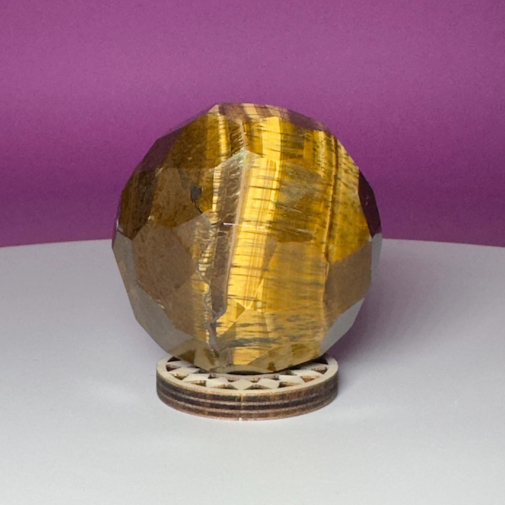 Faceted Tiger Eye Sphere with Wood Stand | 50mm Crystal