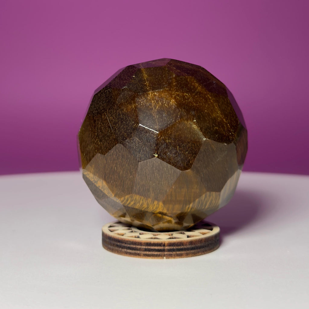 Faceted Tiger Eye Sphere with Wood Stand | 50mm Crystal