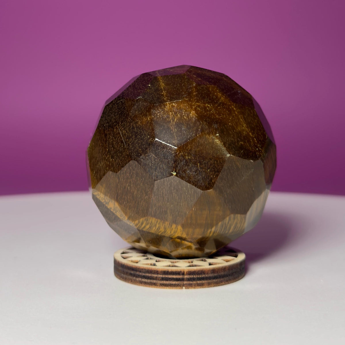 Faceted Tiger Eye Sphere with Wood Stand | 50mm Crystal