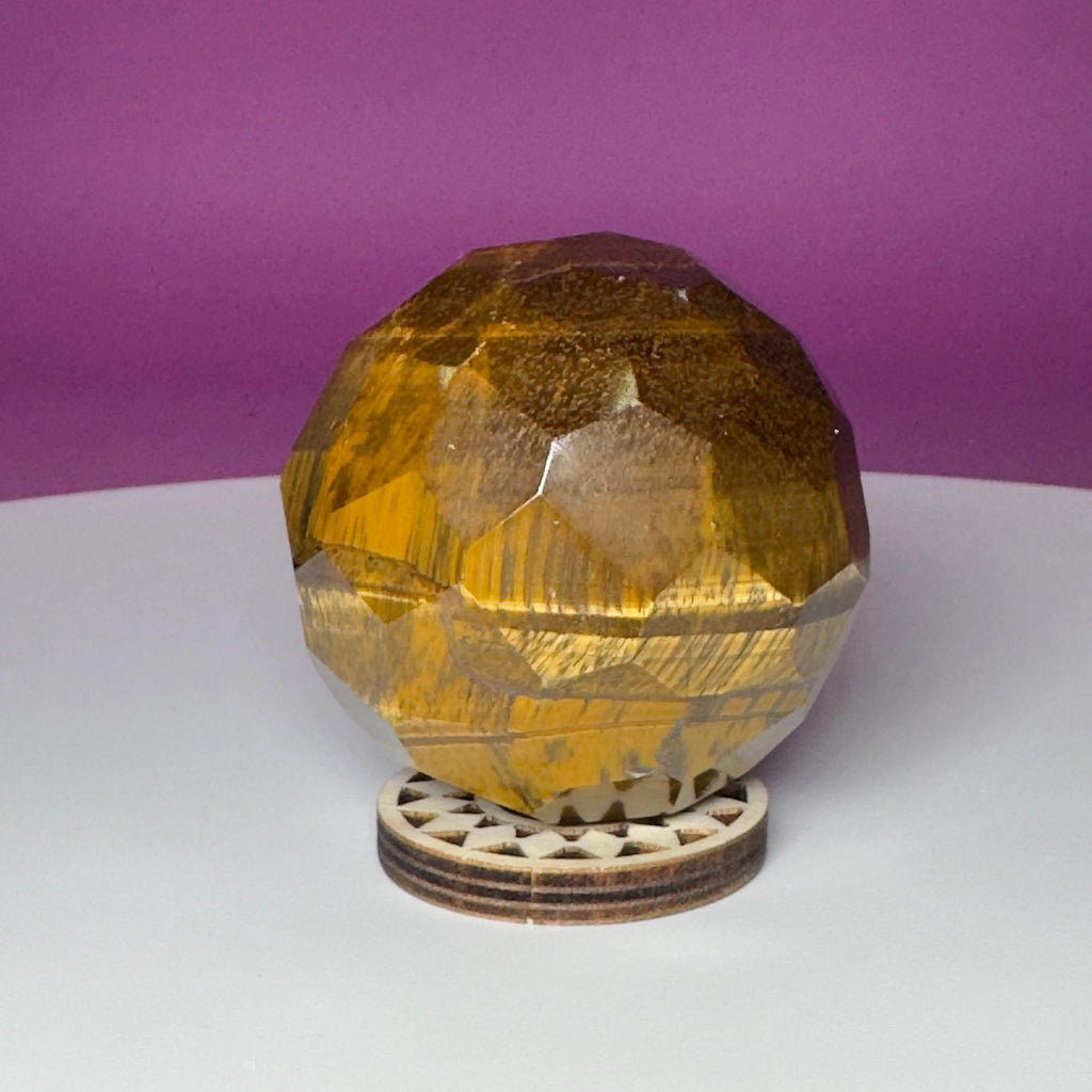 Faceted Tiger Eye Sphere with Wood Stand | 50mm Crystal