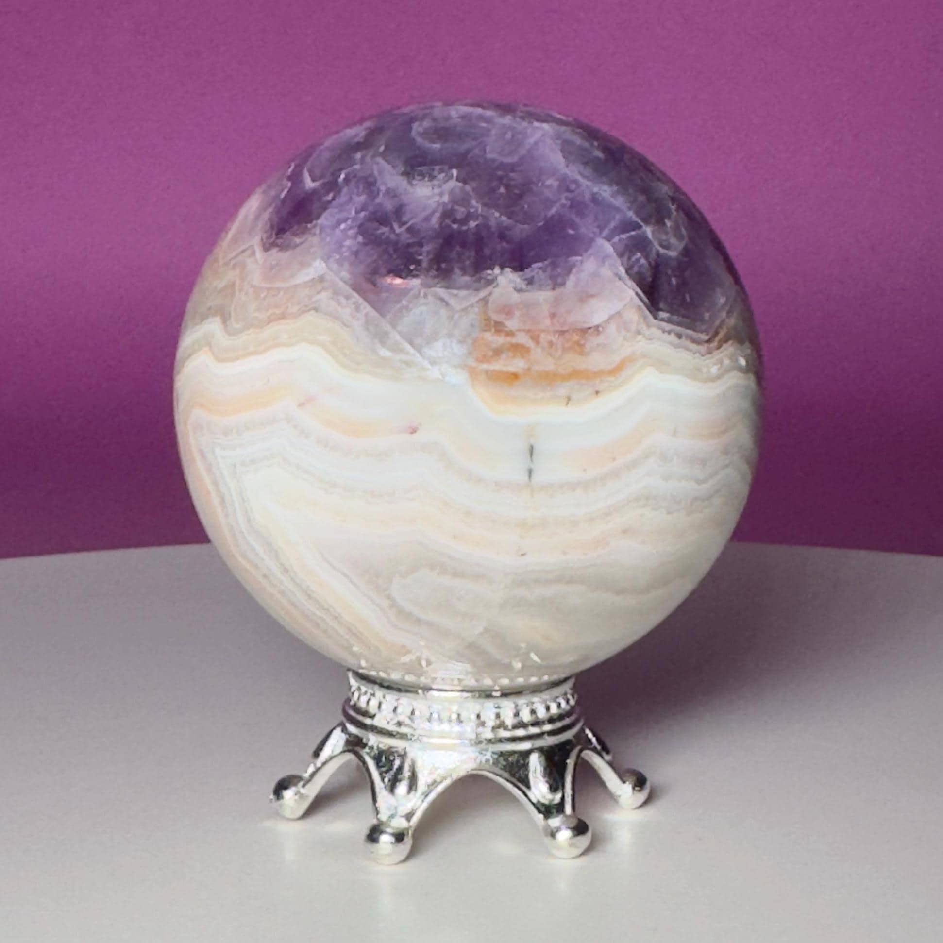 Amethyst Agate Sphere with Silver Stand | Purple Banded Crystal