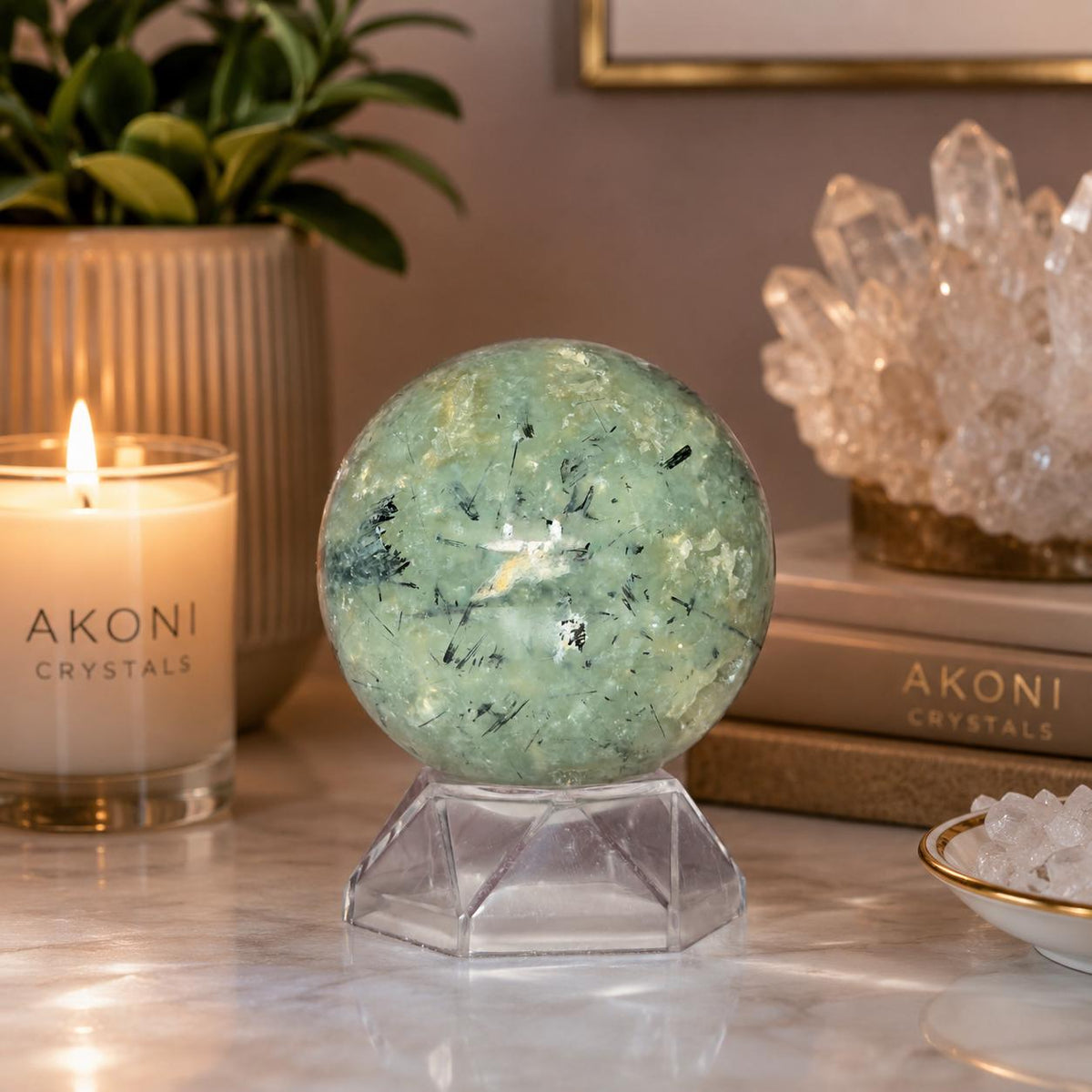Prehnite Sphere with Acrylic Stand | 58mm Green Crystal