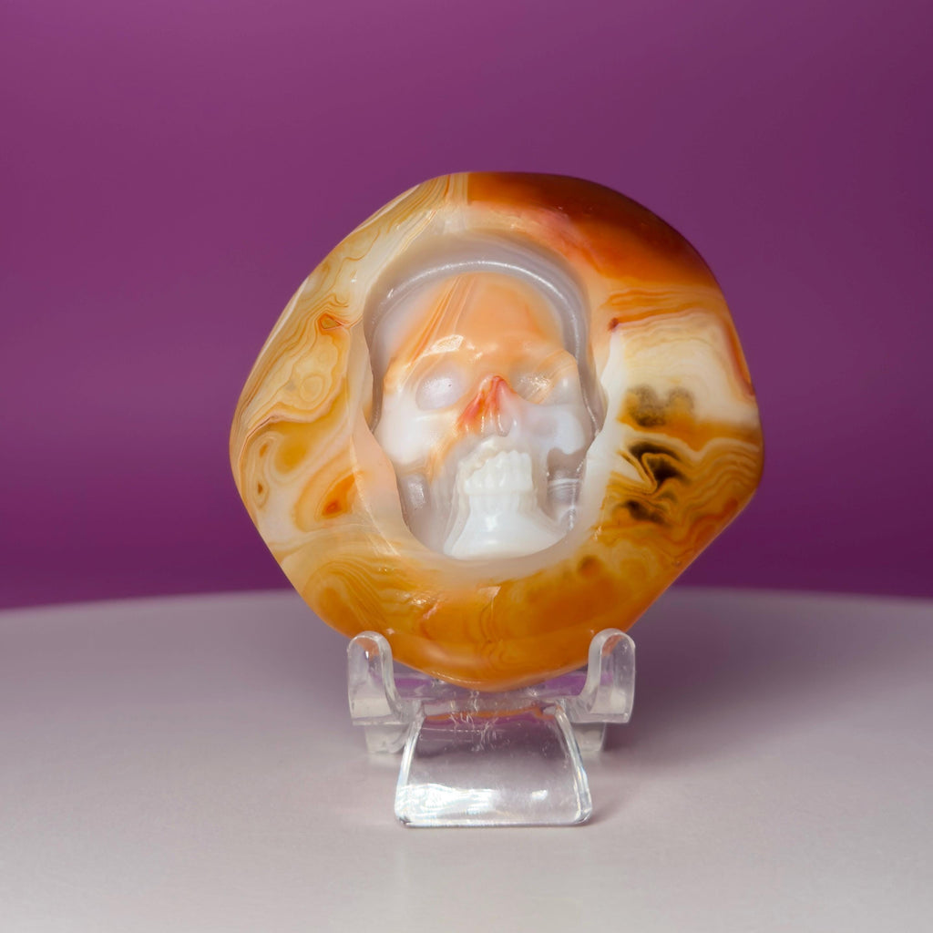 Sardonyx Skull Carving | Crystal Palm Stone | Banded Agate | 83g