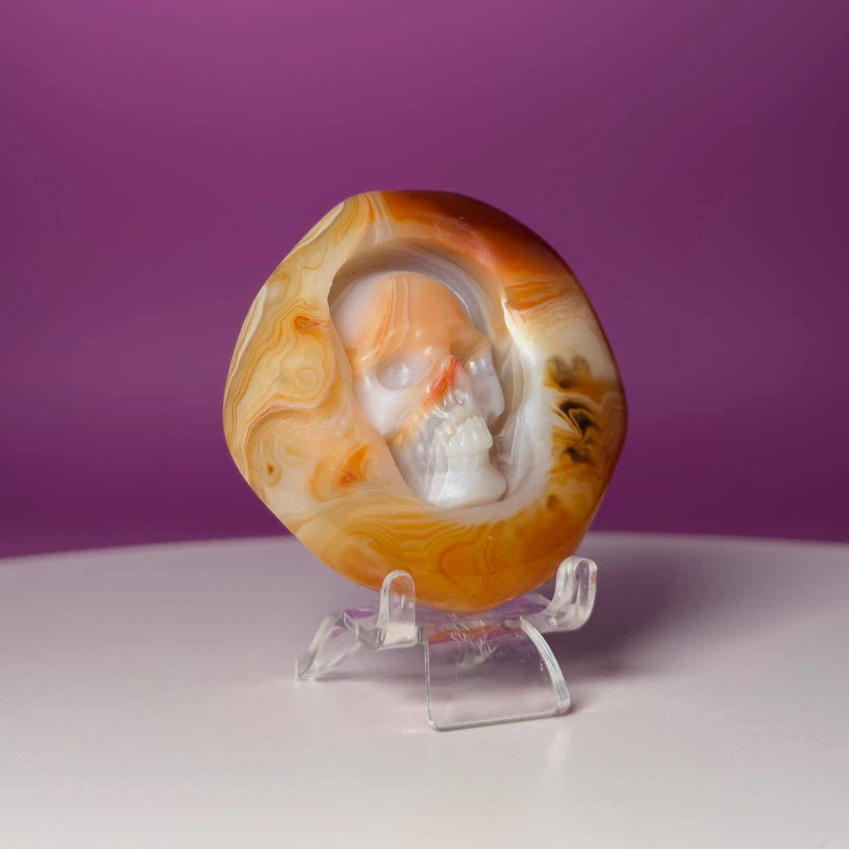 Sardonyx Skull Carving | Crystal Palm Stone | Banded Agate | 83g