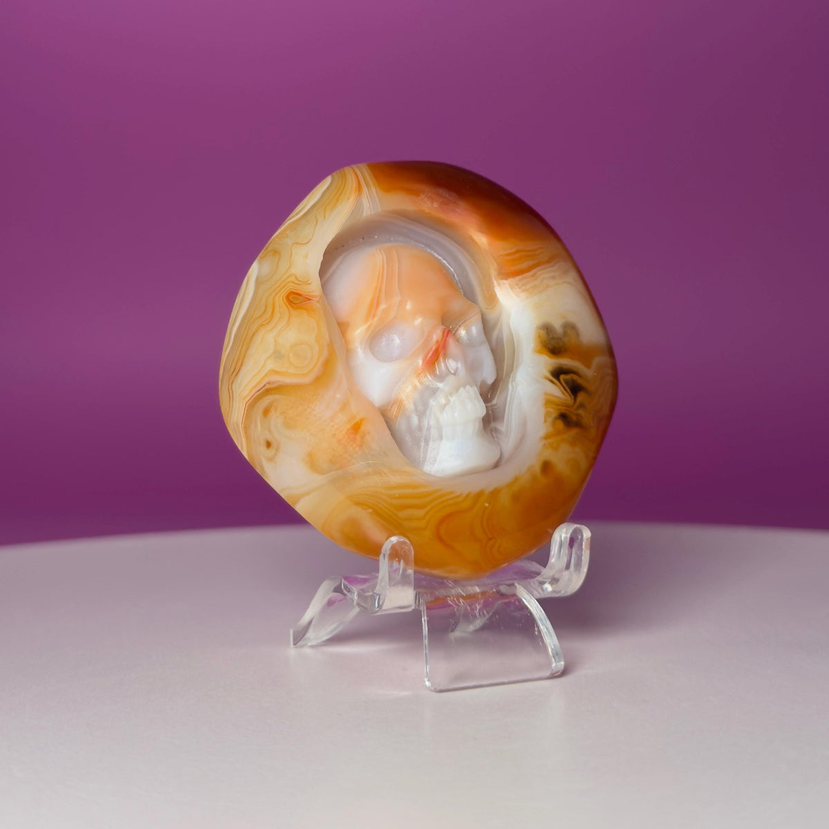 Sardonyx Skull Carving | Crystal Palm Stone | Banded Agate | 83g