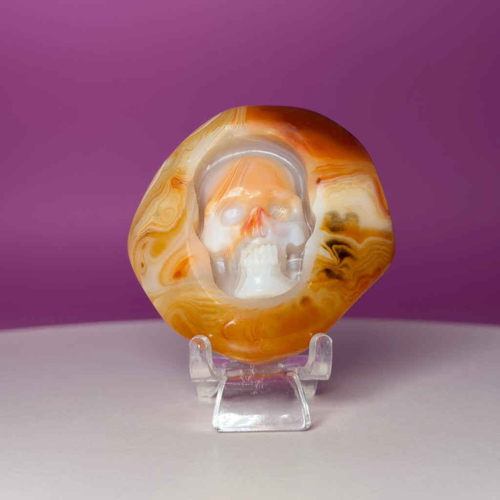 Sardonyx Skull Carving | Crystal Palm Stone | Banded Agate | 83g