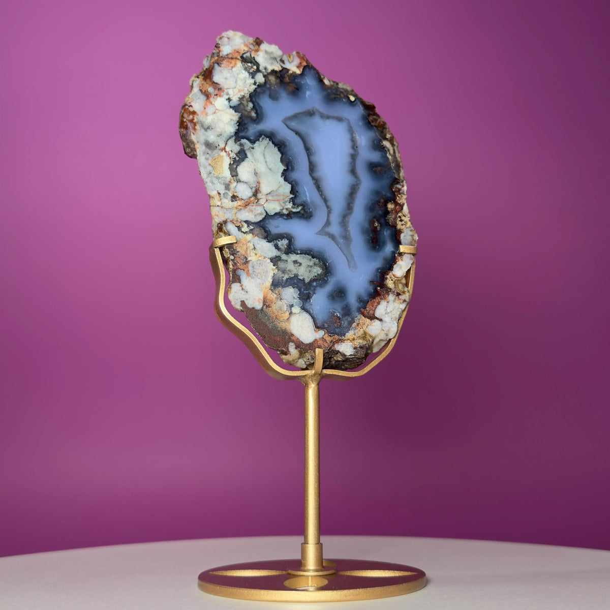 Blue Flower Agate Slab with Gold Metal Stand