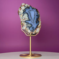 Blue Flower Agate Slab with Gold Metal Stand