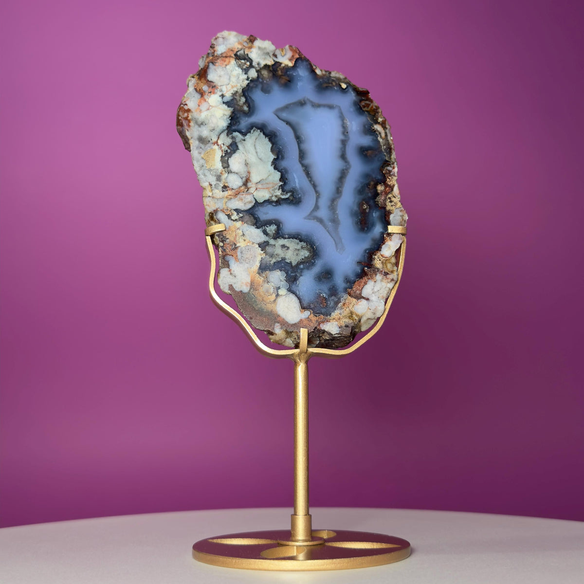 Blue Flower Agate Slab with Gold Metal Stand