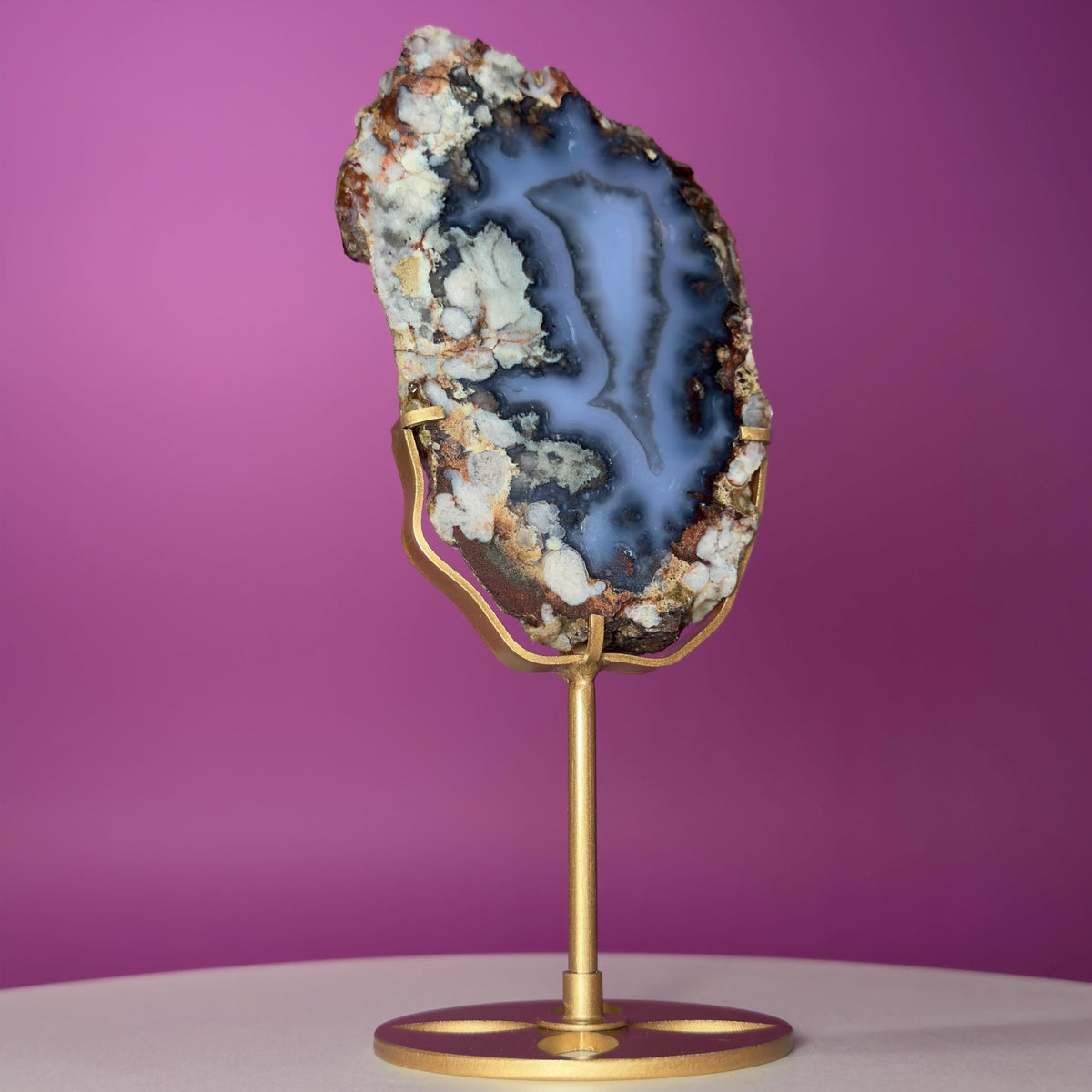 Blue Flower Agate Slab with Gold Metal Stand