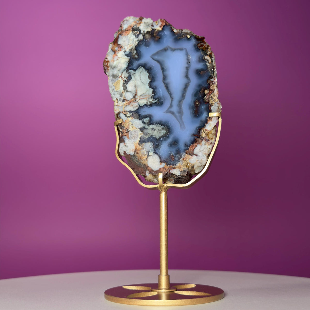 Blue Flower Agate Slab with Gold Metal Stand