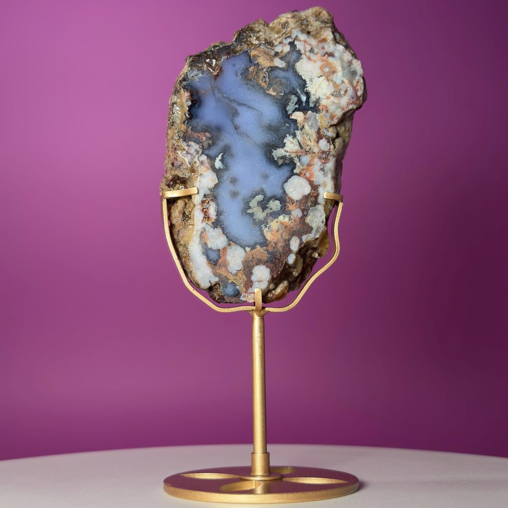 Blue Flower Agate Slab with Gold Metal Stand