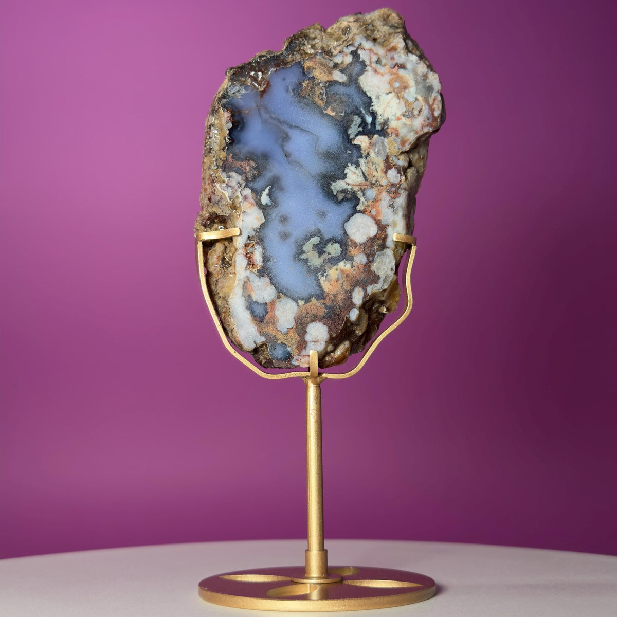 Blue Flower Agate Slab with Gold Metal Stand