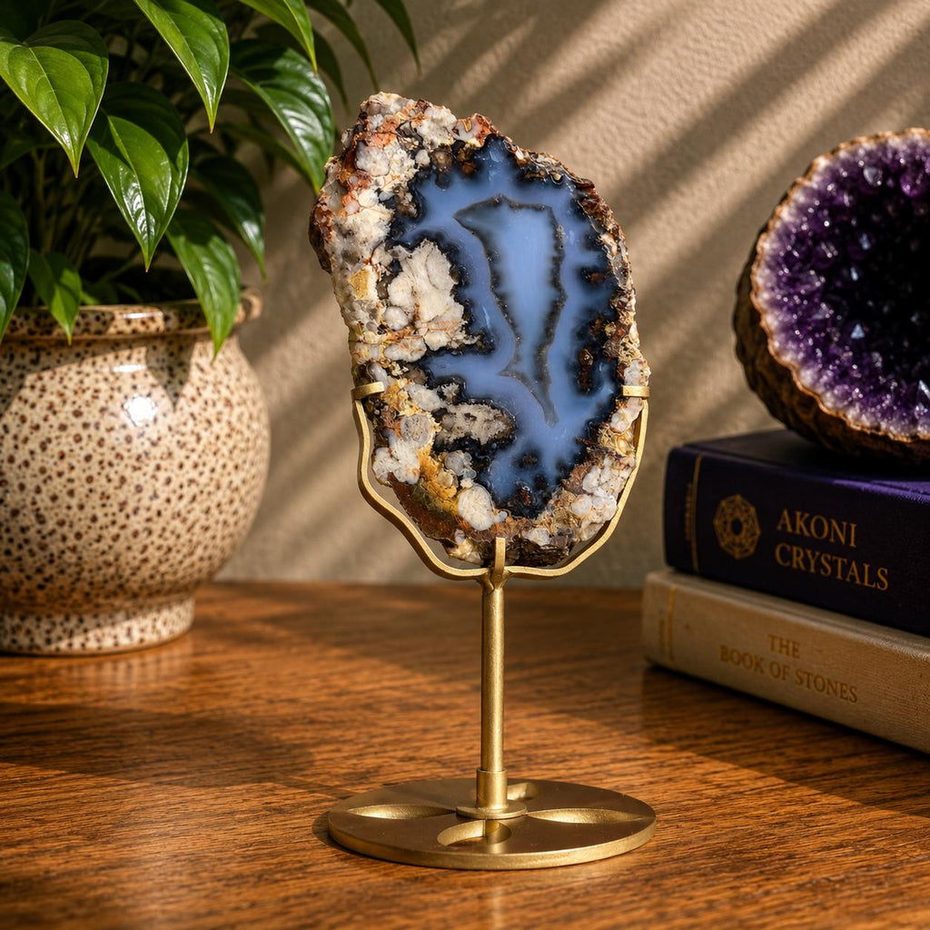 Blue Flower Agate Slab with Gold Metal Stand