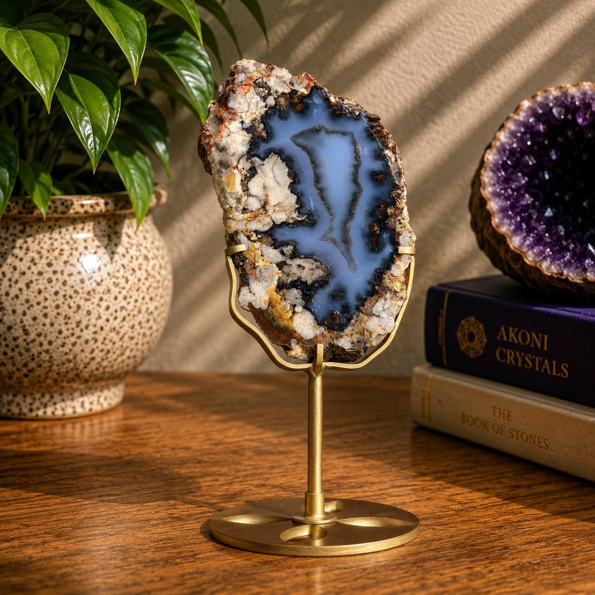 Blue Flower Agate Slab with Gold Metal Stand