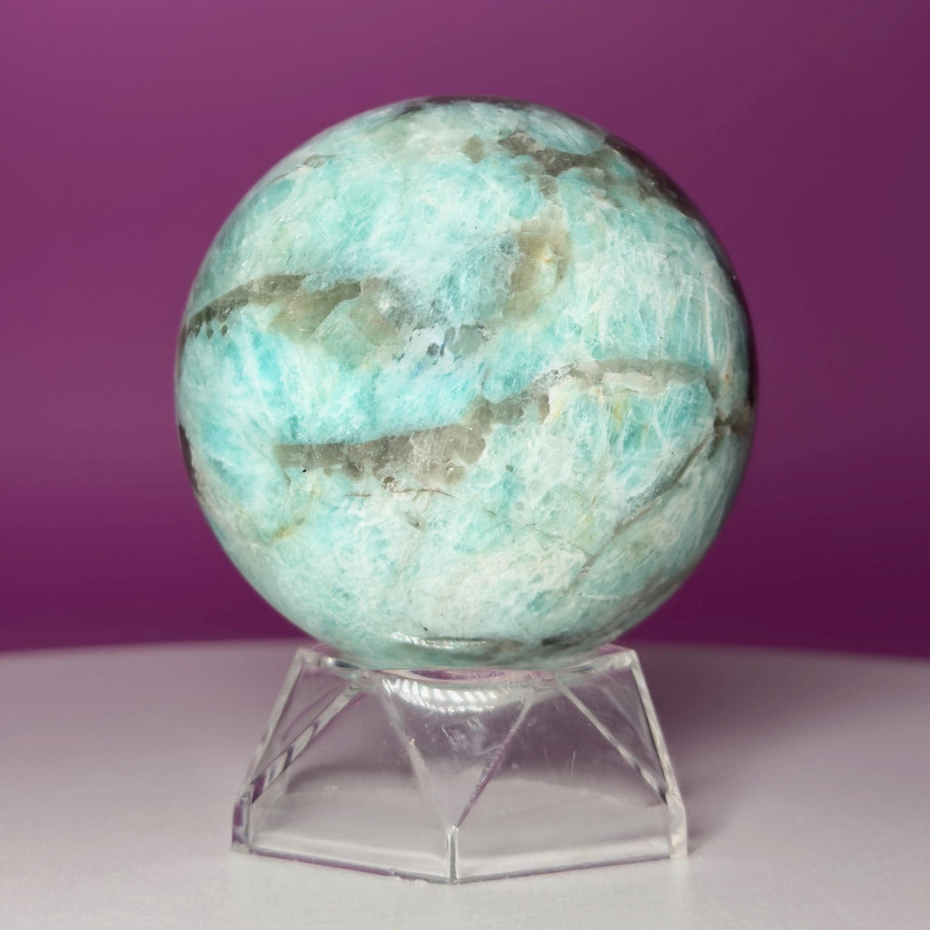 Amazonite with Smoky Quartz Sphere on Acrylic Stand – 377g