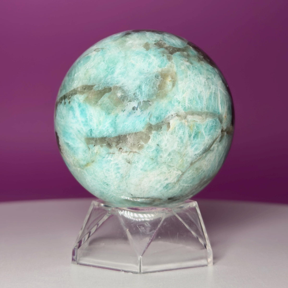 Amazonite with Smoky Quartz Sphere on Acrylic Stand – 377g