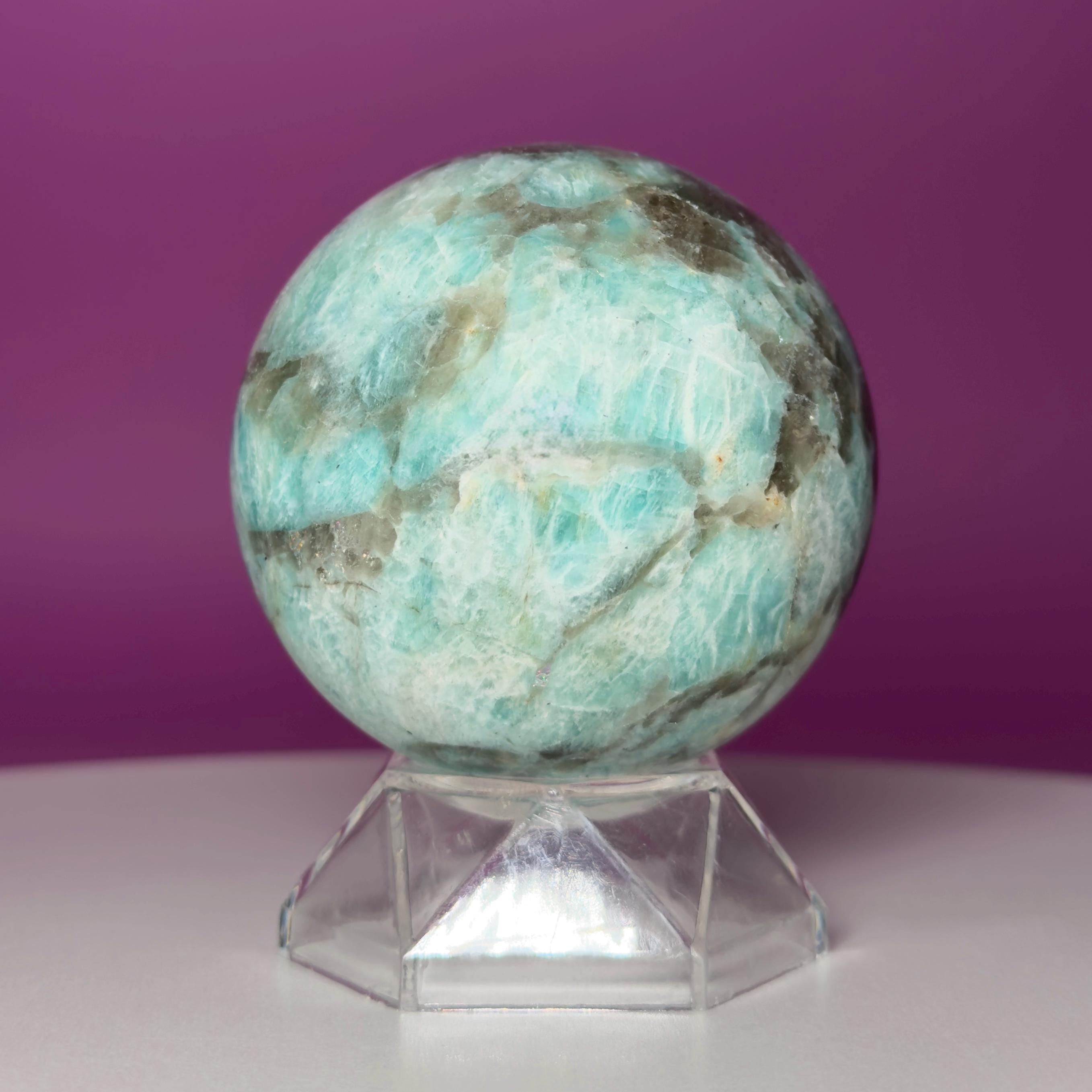 Amazonite with Smoky Quartz Sphere on Acrylic Stand – 377g