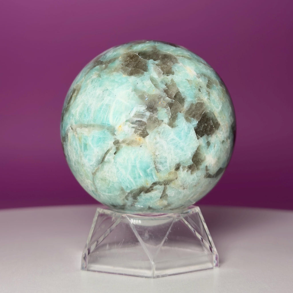 Amazonite with Smoky Quartz Sphere on Acrylic Stand – 377g