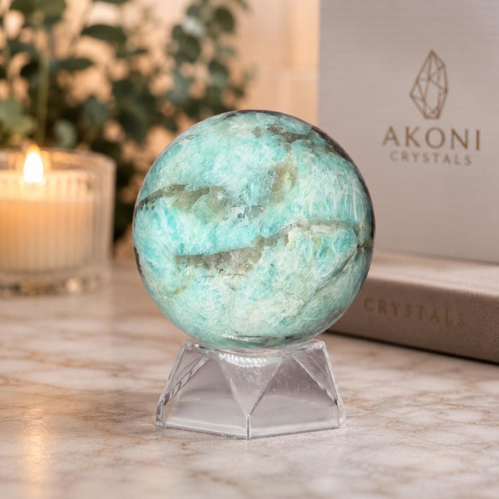 Amazonite with Smoky Quartz Sphere on Acrylic Stand – 377g